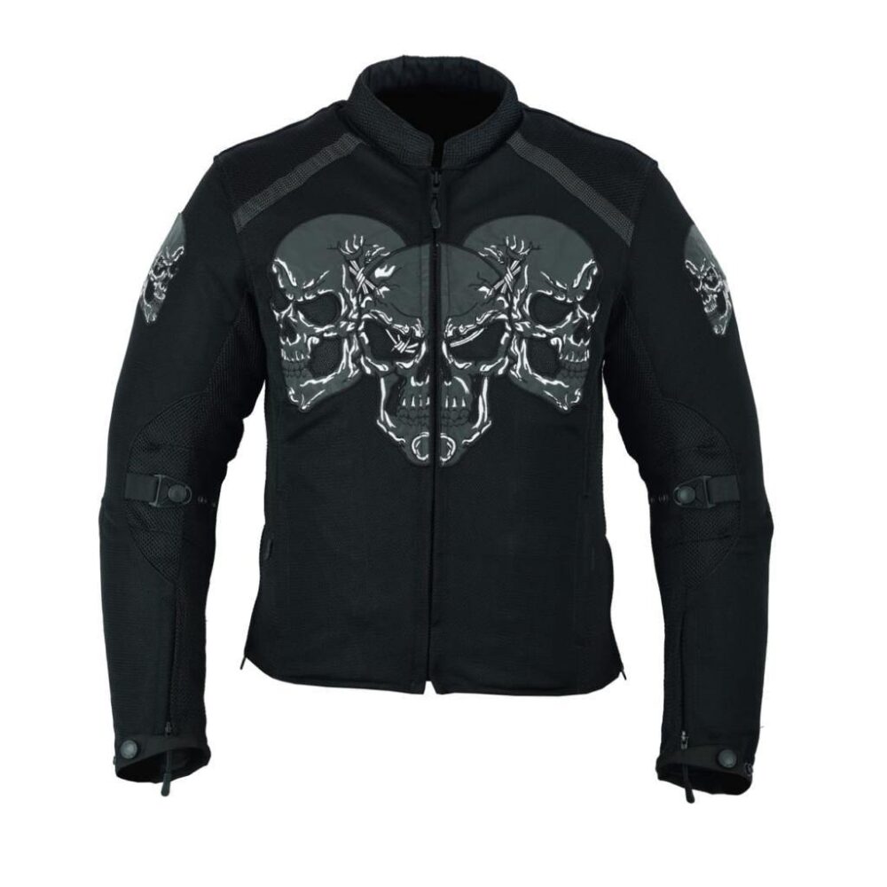 MOTORBIKE MEN BLACK MESH SUMMER SKULL JACKET REMOVABLE LINING WITH ARMORED (EM10366) - Escape Moto Gears